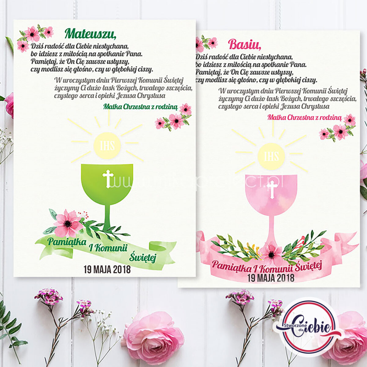 Pamiątka Pierwszej Komunii Świętej z kielichem