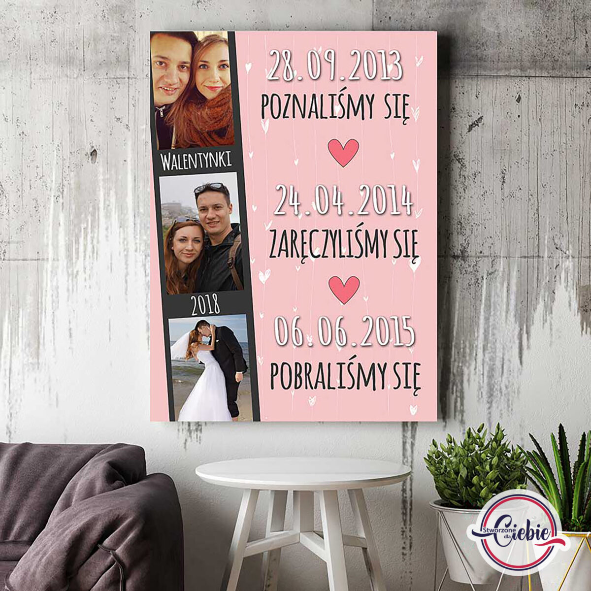 Trzy zdjęcia + daty (różowy)